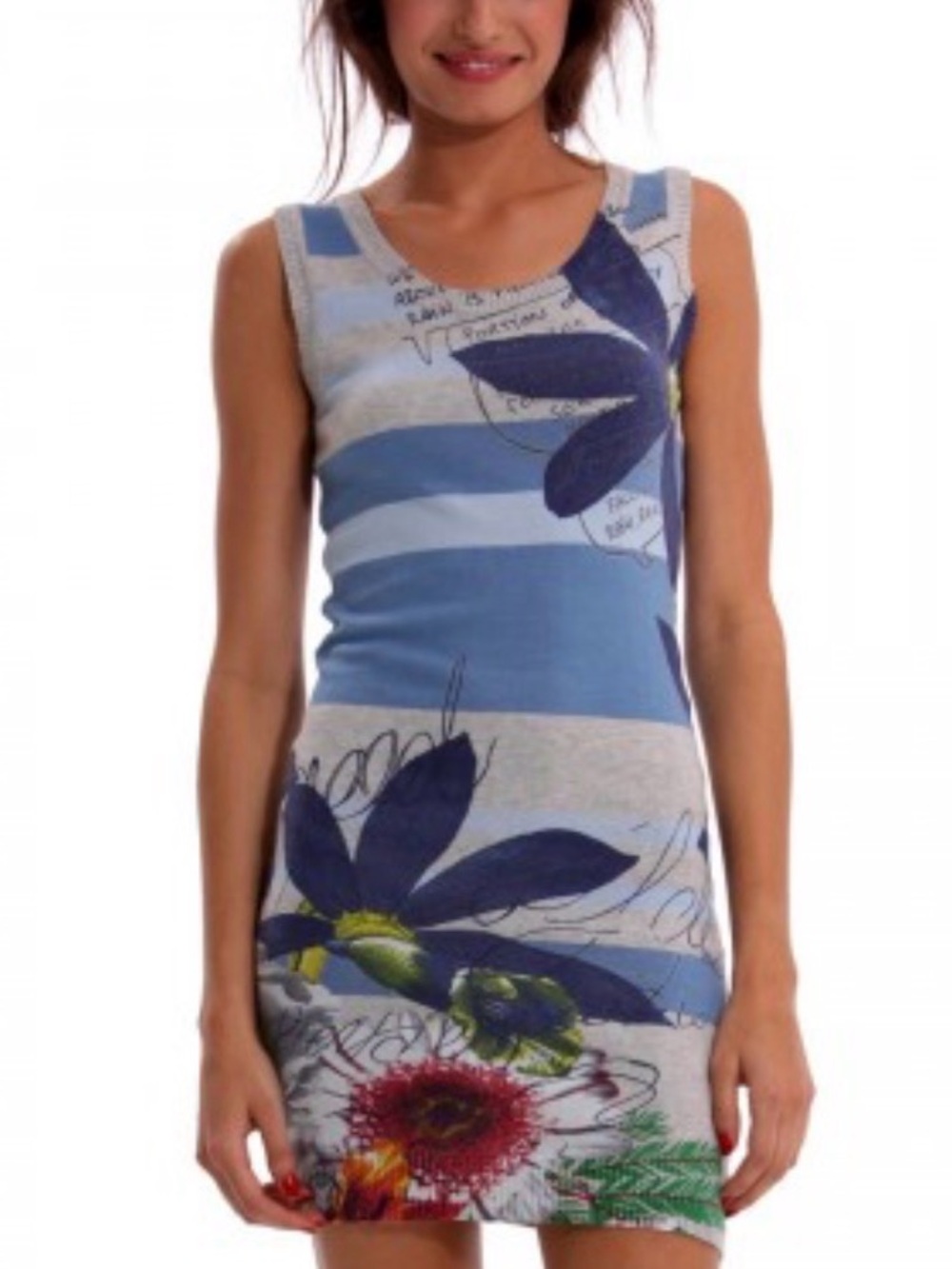 Sleeveless Blue Floral Stripe Bodycon Dress